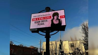 Billboard featuring Joan Jett urges Dominos to add vegan cheese on D St. in Lewiston
